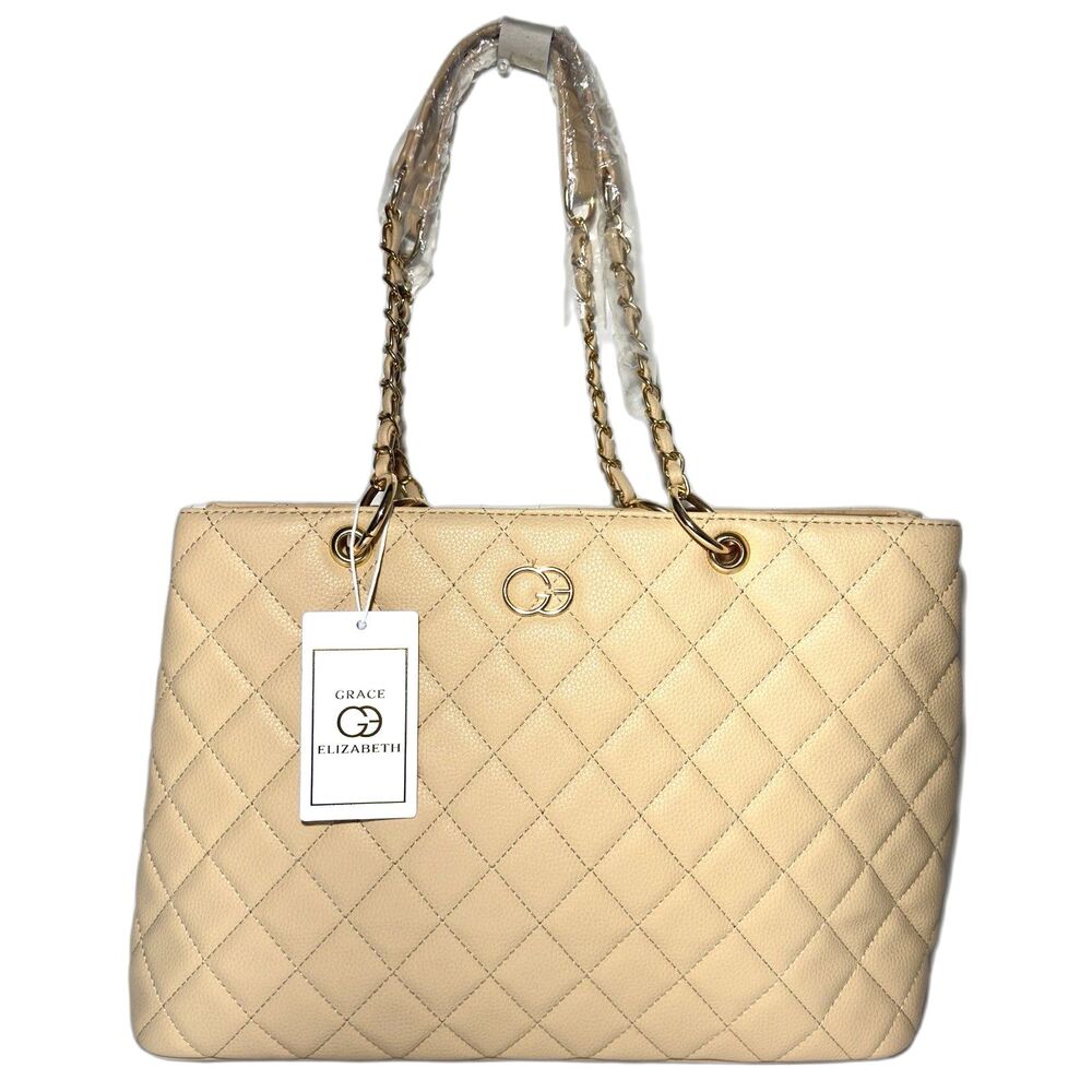 Grace Elizabeth Beige Cream Tote Shoulder Bag Chain Strap Gold Hardware NWT